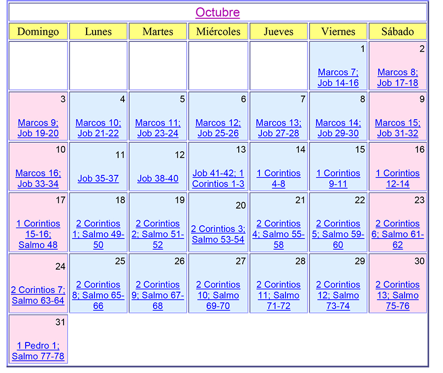 Calendario bíblico octubre del 2021 Aguilas Centro Familiar Cristiano