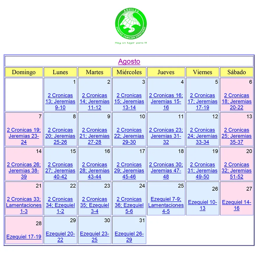 Calendario bíblico agosto del 2022 Aguilas Centro Familiar Cristiano